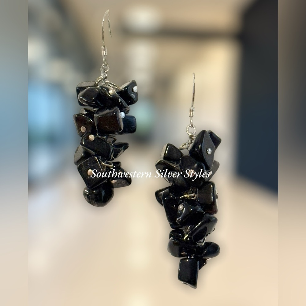 NEW Black Obsidian Gemstone Cluster Chips Sterling Silver Dangle Hook Earrings